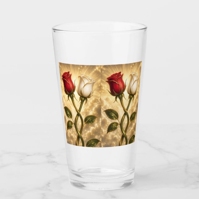 Copo De Pint Rosas vermelhas e brancas entrelaçadas. (Frente)