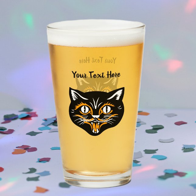 Copo De Pint Rosto preto de Gato Feliz (Halloween vintage black cat face with orange and white accents on glass drink tumbler.)