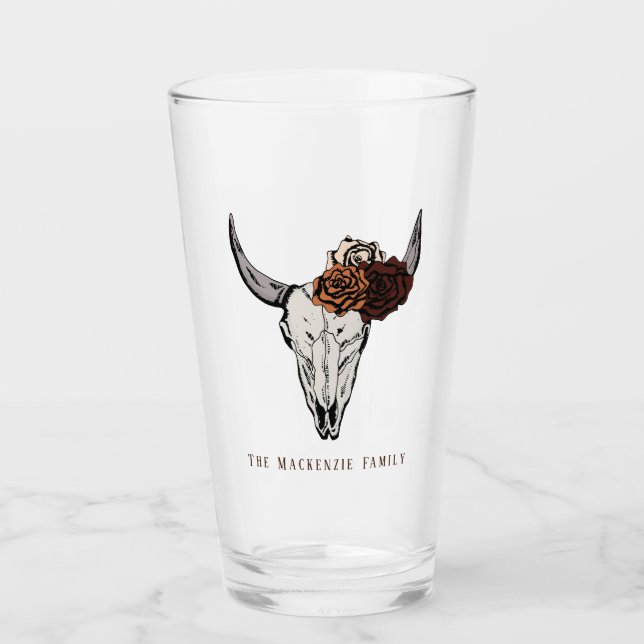 Copo De Pint Rustic Bull Skull e Rosa Family Name (Frente)