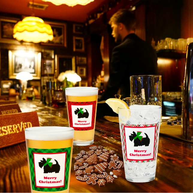 Copo De Pint Scotty Dog e Tartan Feliz Natal (Have a Christmas brew!)