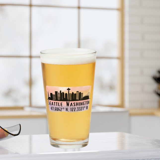 Copo De Pint Seattle City Skyline Latitude e Longitude Pint (Criador carregado)