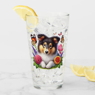 Copo De Pint Shetland Sheepdog com Flores e Borboletas