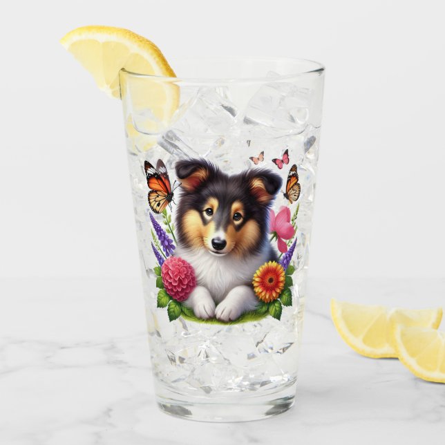 Copo De Pint Shetland Sheepdog com Flores e Borboletas (Gelo frontal)