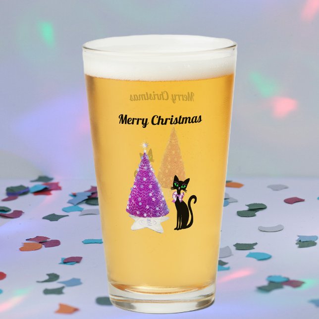 Copo De Pint Sparkle Pink Silver Christmas Tree Black Cat Bow (Sparkle pink silver tree black cat pink bow on Merry Christmas drinking glass.)