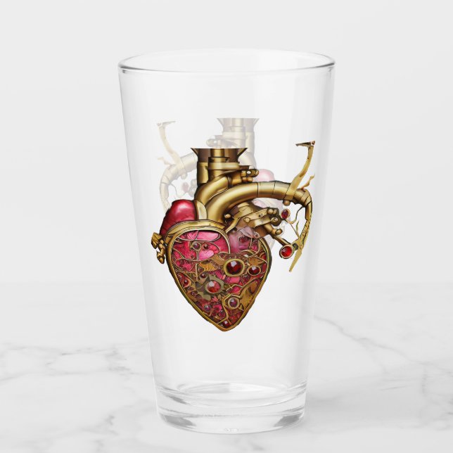 Copo De Pint Steampunk Heart Anatomical Rubies and Gears (Frente)