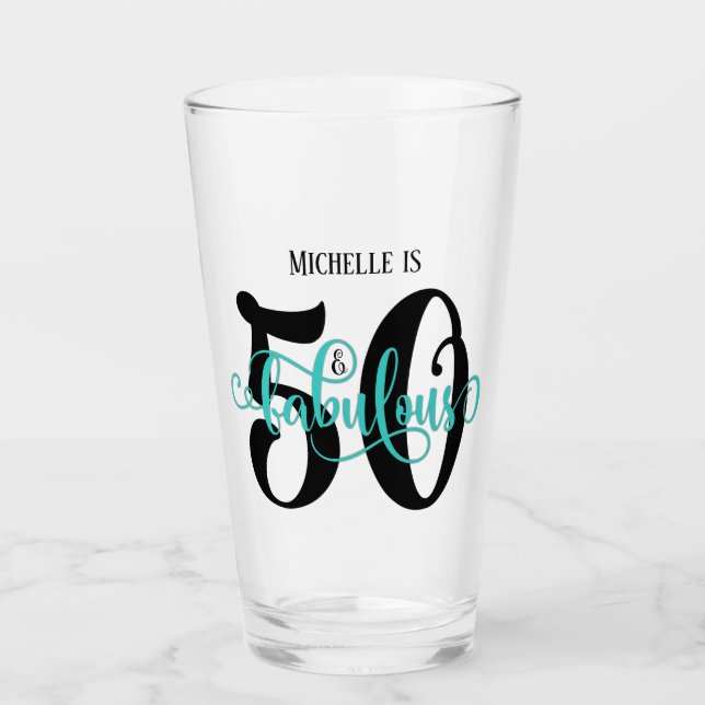 Copo De Pint Teal 50 e aniversário fabuloso com nome (Frente)