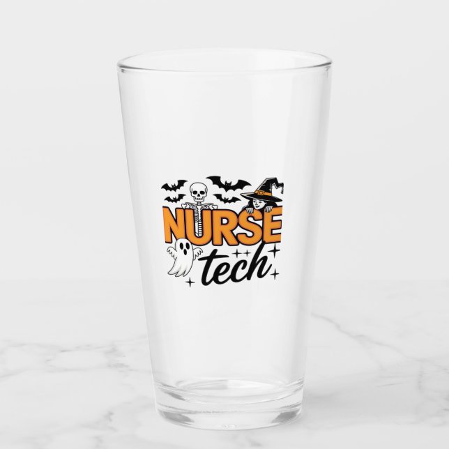 Copo De Pint Técnico de Enfermagem - Halloween - com esqueleto, (Frente)