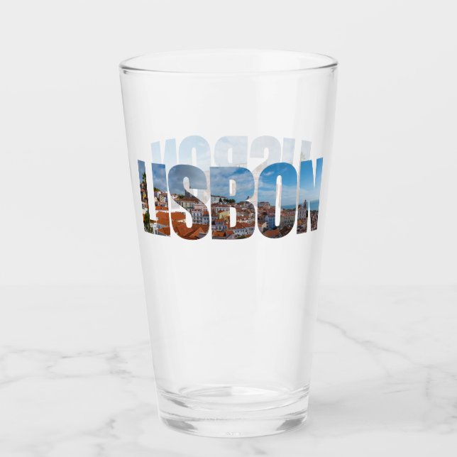 Copo De Pint Texto de Lisboa composto pela vista panorâmica da  (Frente)