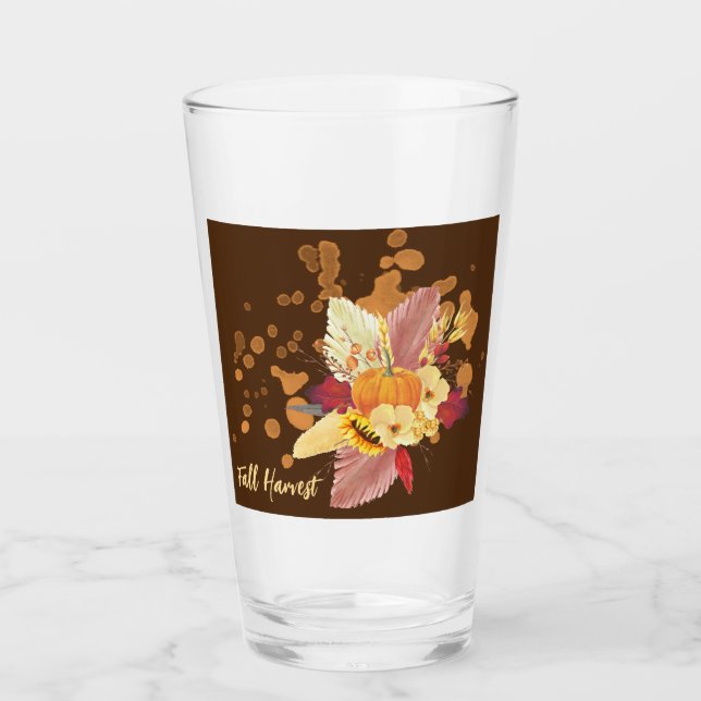 Copo De Pint Tumbler De Vidro De Pumpkin E Flores De Queda (Frente)