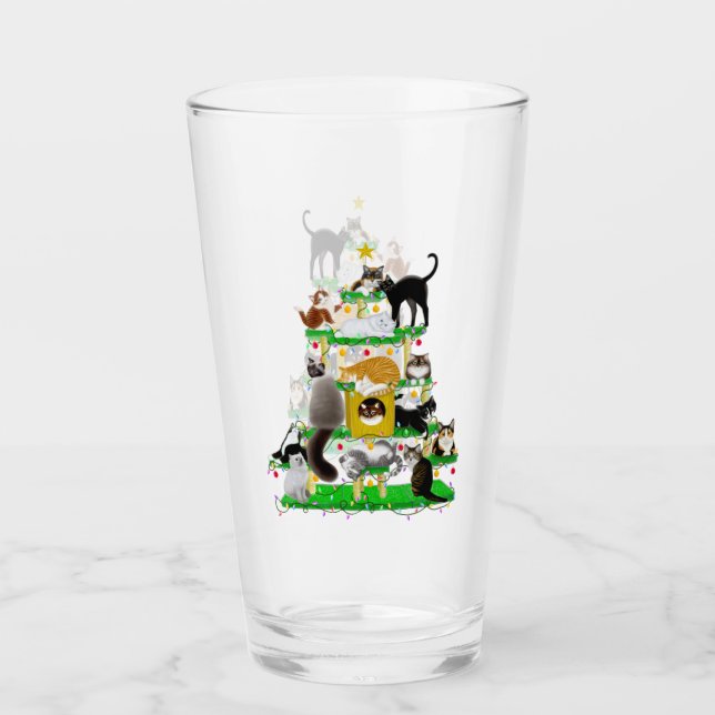 Copo De Pint Tumbler do vidro da árvore do gato do Natal (Frente)
