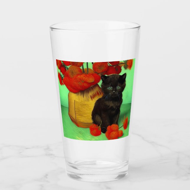 Copo De Pint Van Gogh Black Kitten Red Flowers (Frente)