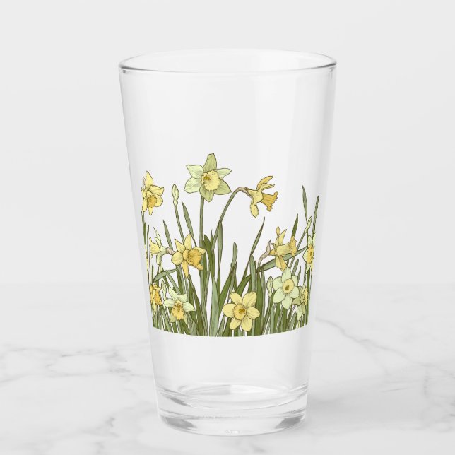Copo De Pint Vidro com borda floral de daffodils amarelos (Frente)