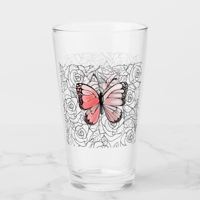 Copo De Pint Vidro da borboleta rosa com Rosas (Frente)