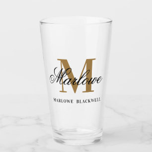 Copo De Pint Vidro de caligrafia Dourada Monograma Preto