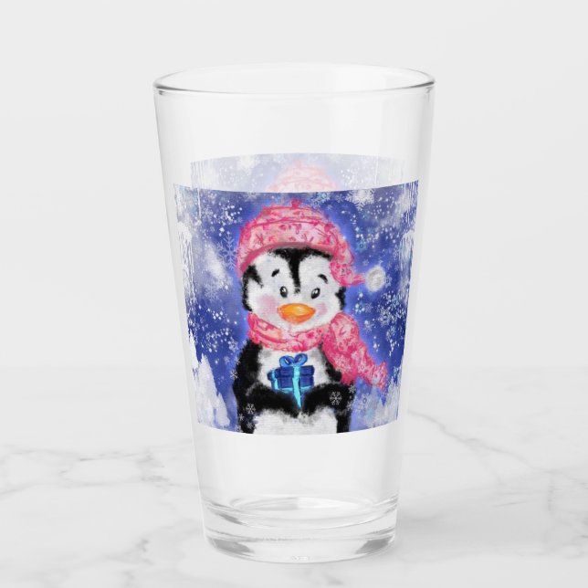 Copo De Pint Vidro de pinguim de Natal bonito (Frente)