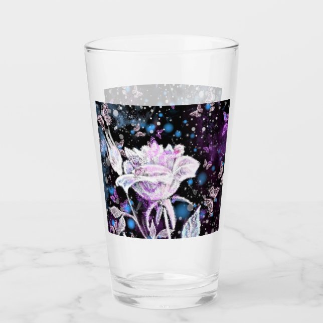 Copo De Pint Vidro de rosa e borboletas (Frente)
