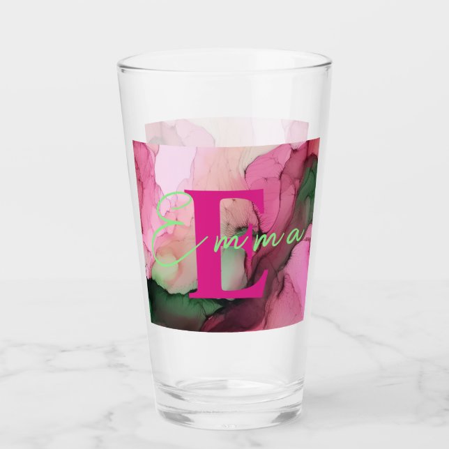 Copo De Pint Vidro de Tinta Rosa e Verde Personalizado (Frente)