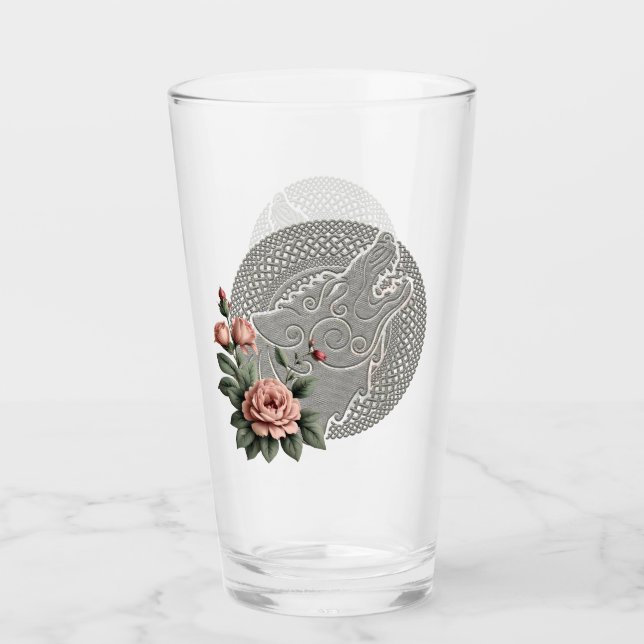 Copo De Pint Viking Wolf & Rosas. Cabeça de lobo estilizada (Frente)