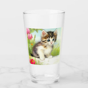 Copo De Pint Vintage White e Brown Kitten com Flores
