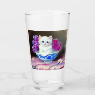 Copo De Pint Vintage White Kitten com Flores Rosa