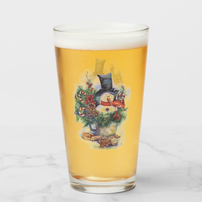 Copo De Pint Watercolor Christmas Snowman tree branch Né (Frente (Preenchido))