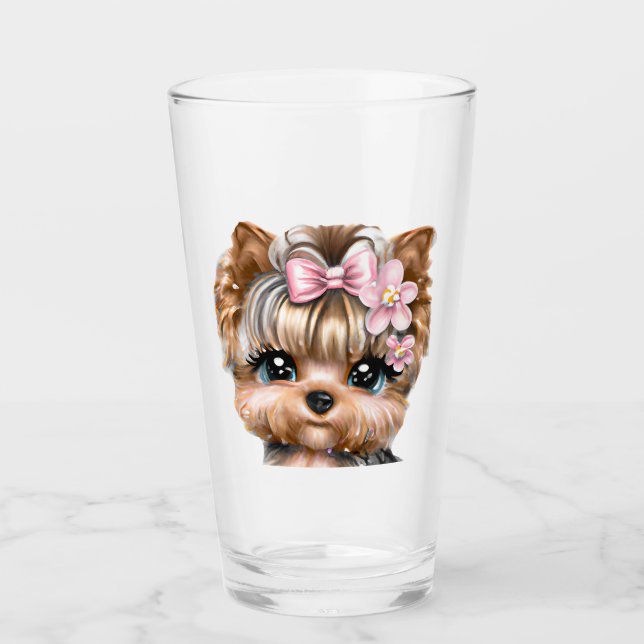 Copo De Pint Yorkie bonito com um Arco rosa (Frente)