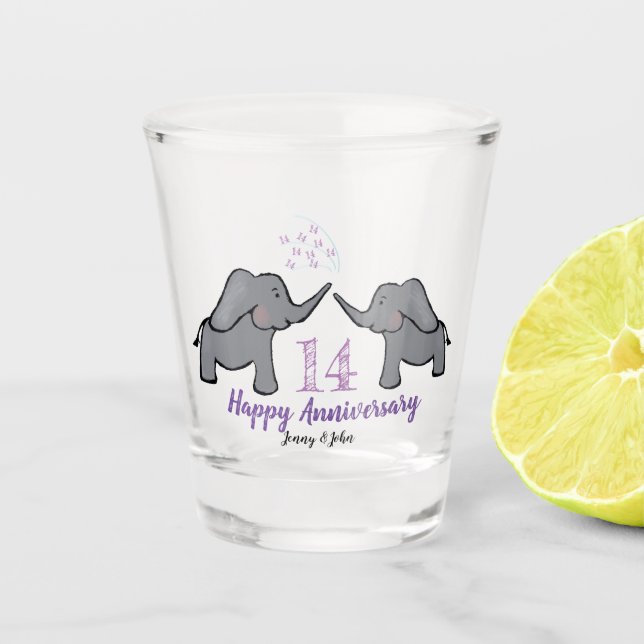Copo De Shot 14th ivory wedding anniversary cute elephant (Frente)