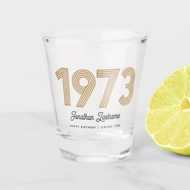 Copo De Shot 1973 Vidro Dourado e preto 50º Aniversário (Frente)