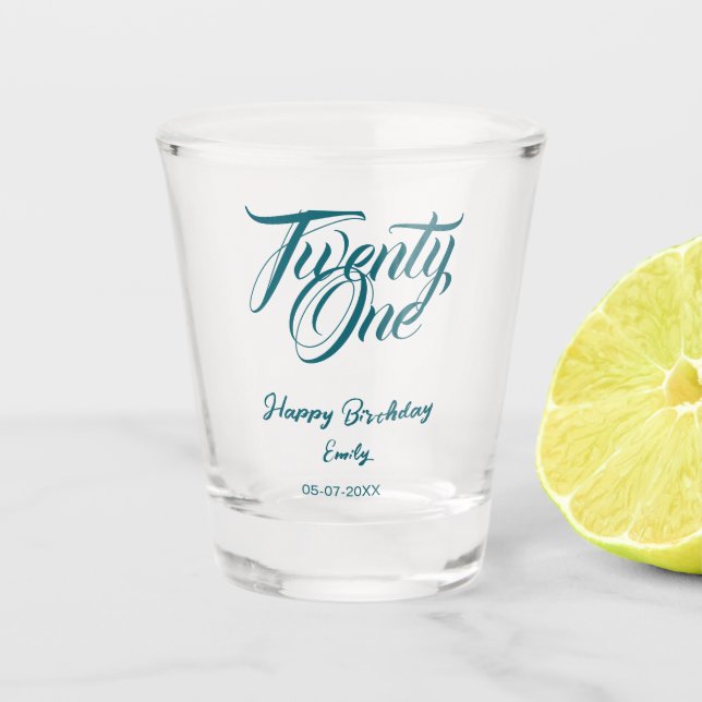 Copo De Shot 21st birthday add name date year blue template thi (Frente)