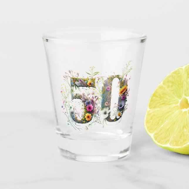 Copo De Shot 50º Aniversário Texto decorativo de Flor Selvagem (Frente)