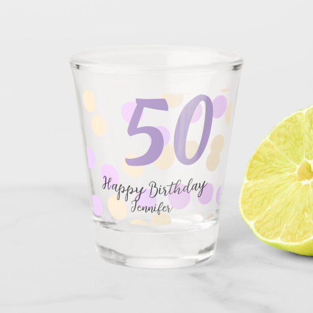 Copo De Shot 50th birthday add name date purple orange polkadot (Frente)