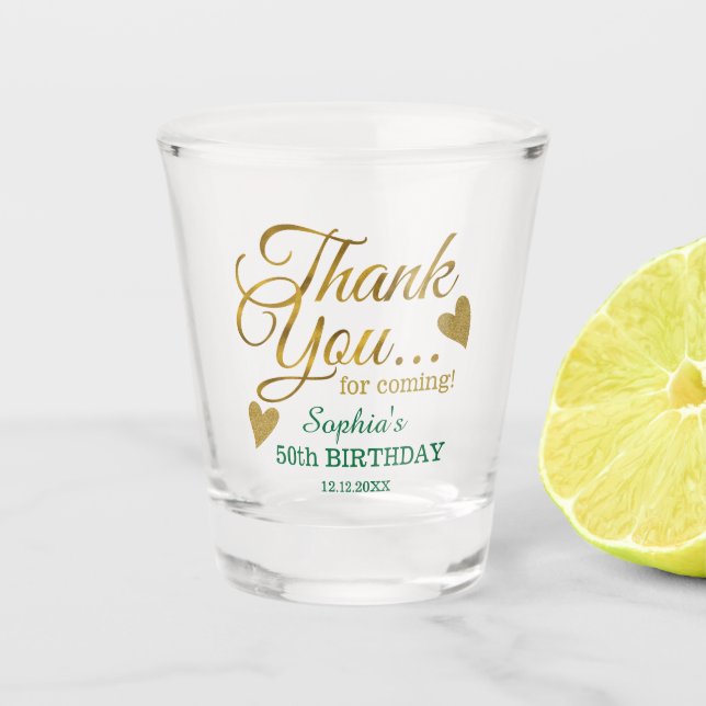 Copo De Shot 50th Birthday Party Green & Gold Thank You Favors (Frente)
