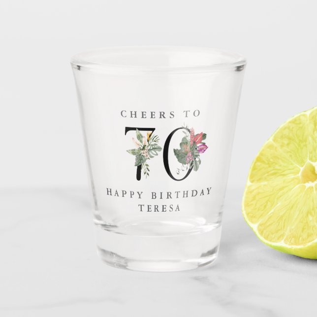 Copo De Shot 70 Birthday Cheers com Nome Tropical Floral (Frente)