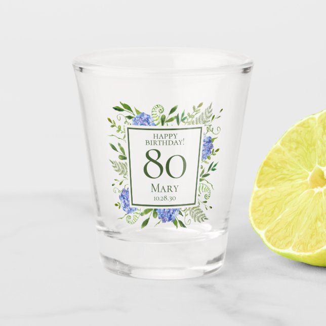 Copo De Shot 80 Birthday Blue Hydrangeas (Frente)