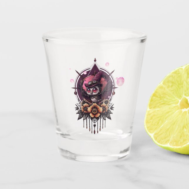 Copo De Shot A Coruja Steampunk: Guardiã dos Segredos. (Frente)