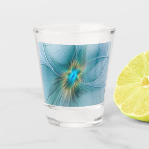 Copo De Shot A pequena Bela Flor Fractal Dourada Azul Moderna