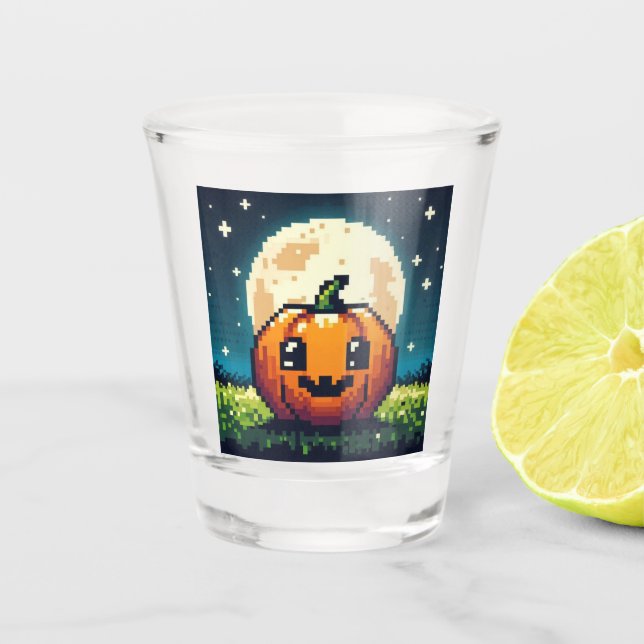 Copo De Shot Abóbora de Halloween de 8 bits sob a lua (Frente)
