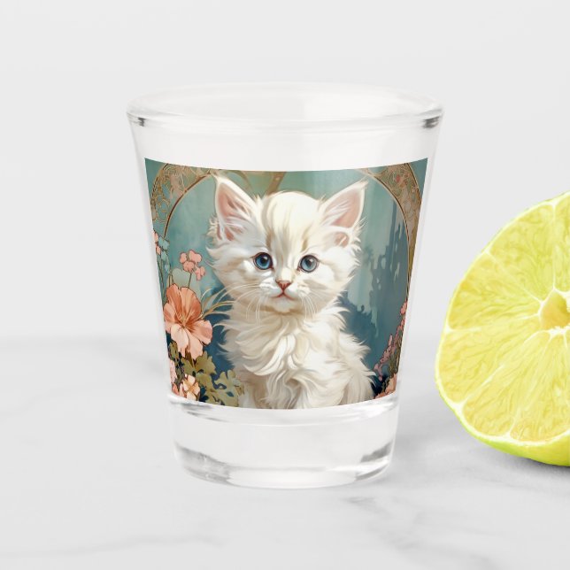 Copo De Shot Alphonse Mucha Style White Cat (Frente)