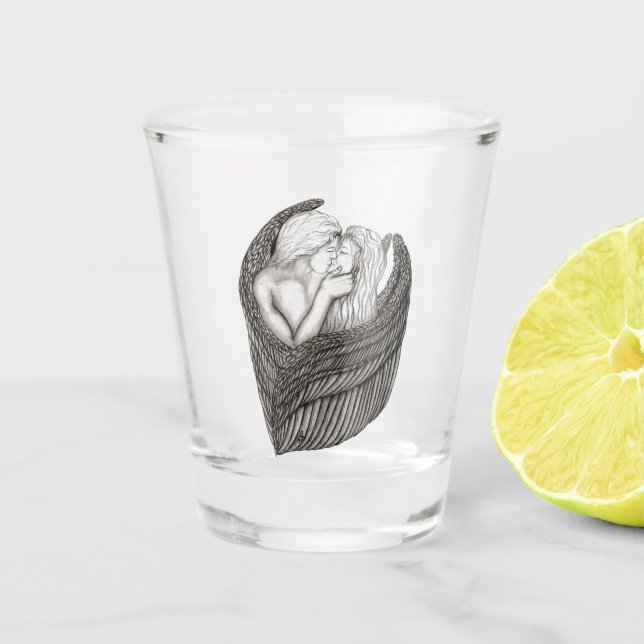 Copo De Shot Angels Kissing, Design preto e branco (Frente)