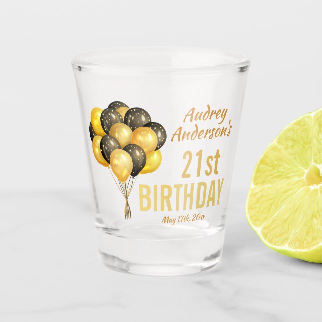 Copo De Shot aniversário de 21 anos de Balões na moda preto e D (Frente)