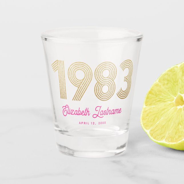 Copo De Shot aniversário de 40 anos Dourado rosa 1983 (Frente)