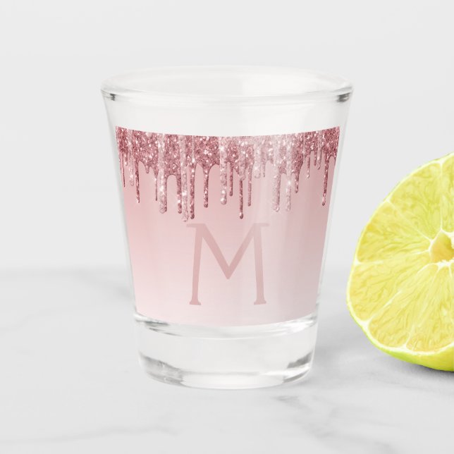 Copo De Shot Aniversário do Monograma Dourado Rosa Rosa Rosa Ro (Frente)