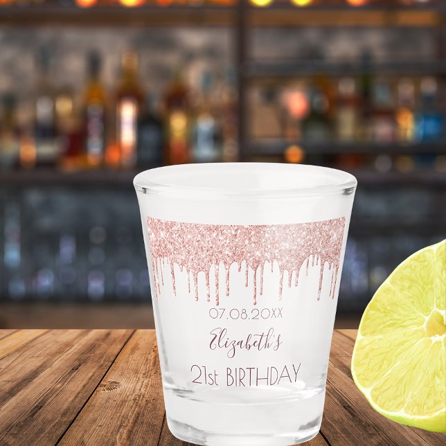 Copo De Shot Aniversário rosa dourado glitter goteja nome (Criador carregado)