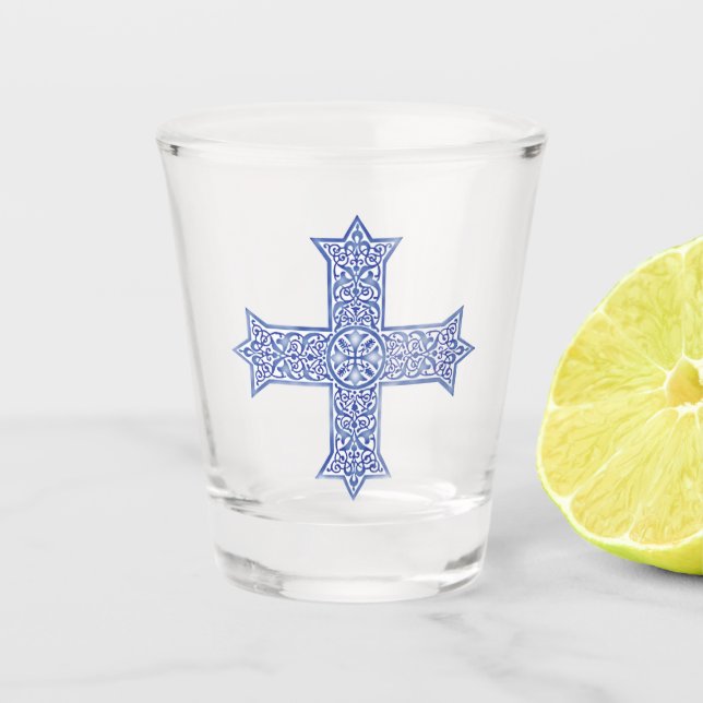 Copo De Shot Arte da Cruz Copta Azul Lapis Premium (Frente)