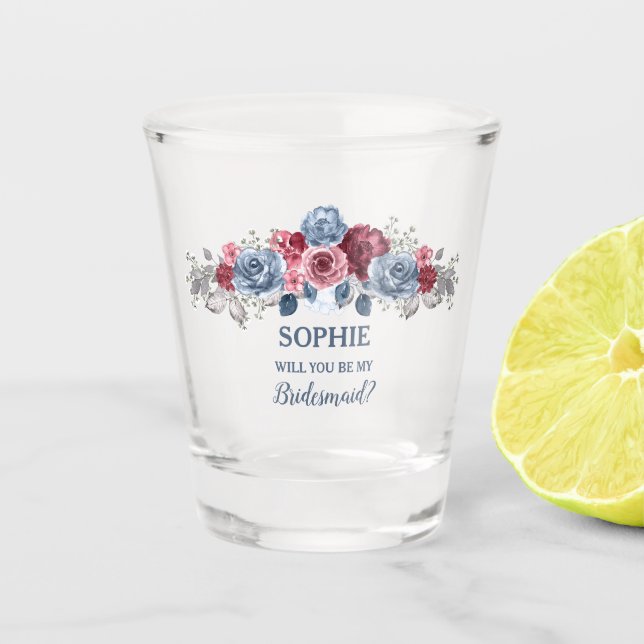 Copo De Shot Azul Empoeirado e Borgonha Sê Minha Dama de Honra? (Frente)