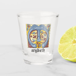 Copo De Shot Azul Medieval e Vermelho Carta M Iluminada de Hera