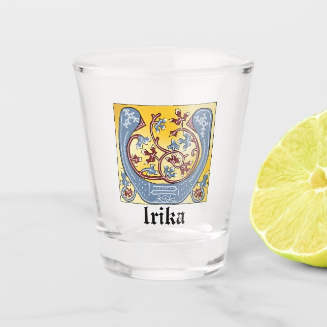 Copo De Shot Azul Medieval e Vermelho Ivy Iluminado - Letra U (Frente)