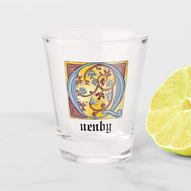 Copo De Shot Azul medieval e vermelho Ivy iluminados - Letra Q (Frente)