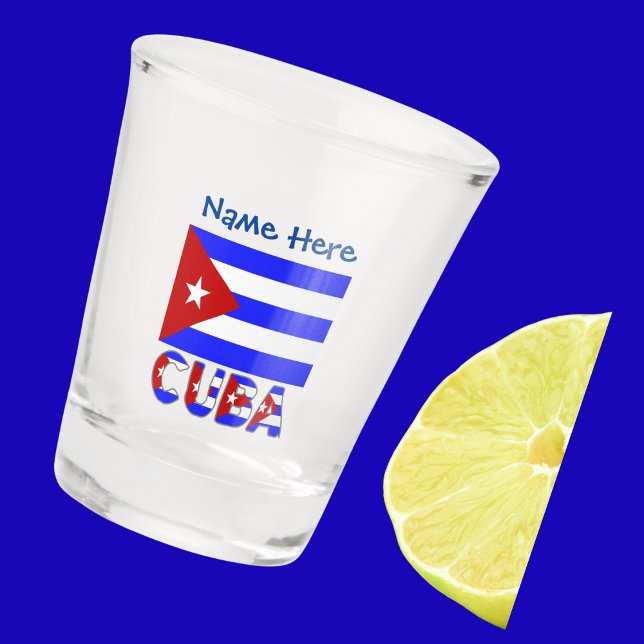 Copo De Shot Bandeira Cubana Light Blue Personalizado (Shot glass with Cuban Flag and word CUBA below in flag colors. Add name above in blue text.)