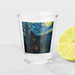 Copo De Shot Black Cat Starry Night Van Gogh Cat Selfie